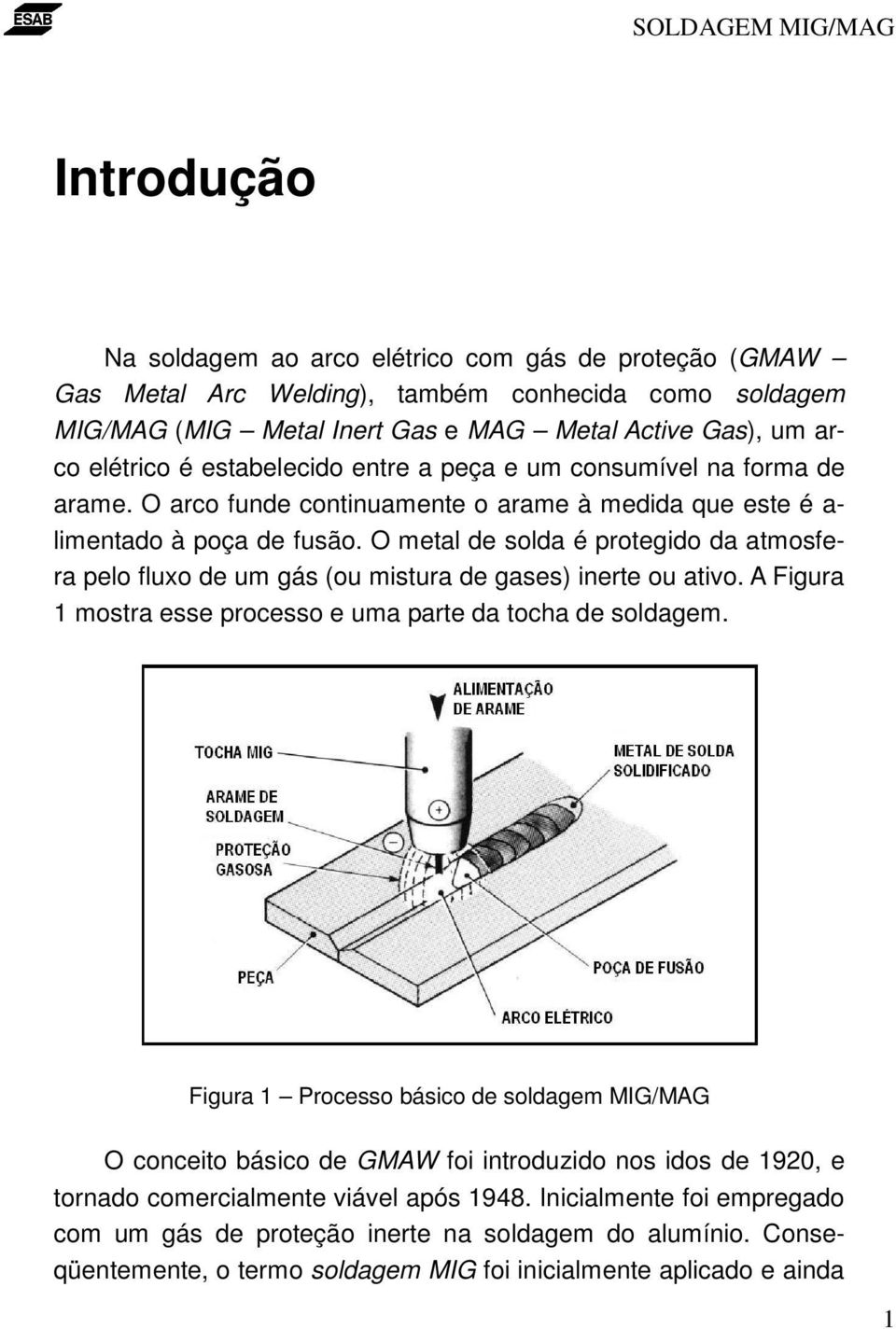 O metal de solda é protegido da atmosfera pelo fluxo de um gás (ou mistura de gases) inerte ou ativo. A Figura 1 mostra esse processo e uma parte da tocha de soldagem.
