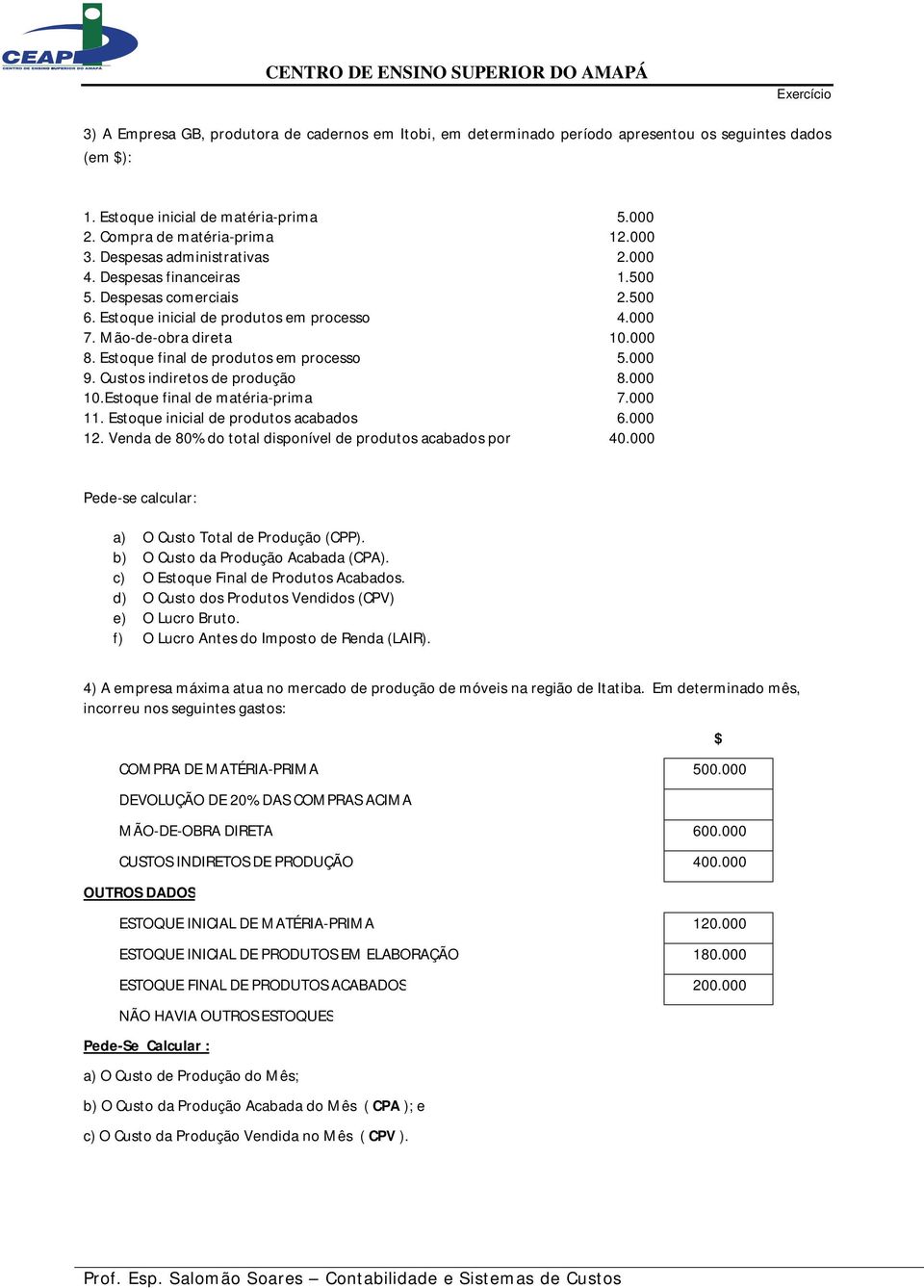 Estoque final de produtos em processo 5.000 9. Custos indiretos de produção 8.000 10.Estoque final de matéria-prima 7.000 11. Estoque inicial de produtos acabados 6.000 12.