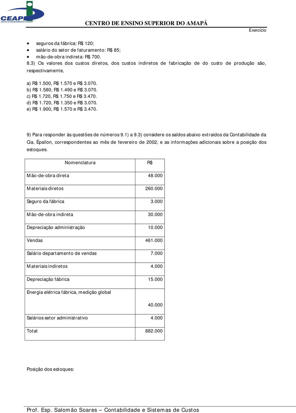 1) a 9.3) considere os saldos abaixo extraídos da Contabilidade da Cia. Épsilon, correspondentes ao mês de fevereiro de 2002, e as informações adicionais sobre a posição dos estoques.