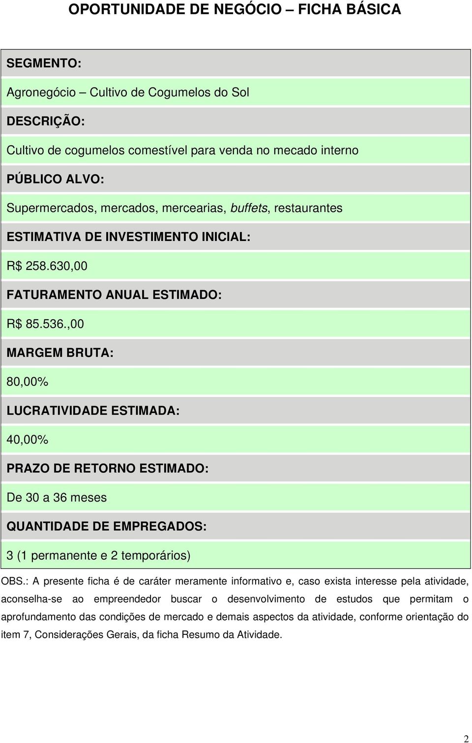 ,00 MARGEM BRUTA: 80,00% LUCRATIVIDADE ESTIMADA: 40,00% PRAZO DE RETORNO ESTIMADO: De 30 a 36 meses QUANTIDADE DE EMPREGADOS: 3 (1 permanente e 2 temporários) OBS.