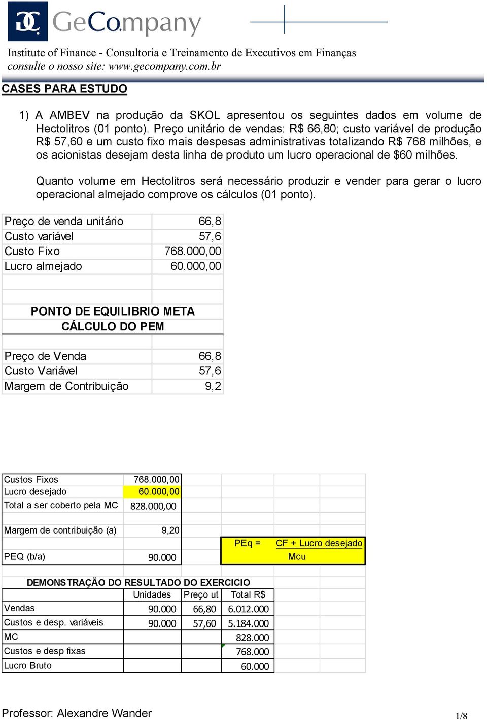 lucro operacional de $60 milhões. Quanto volume em Hectolitros será necessário produzir e vender para gerar o lucro operacional almejado comprove os cálculos (01 ponto).