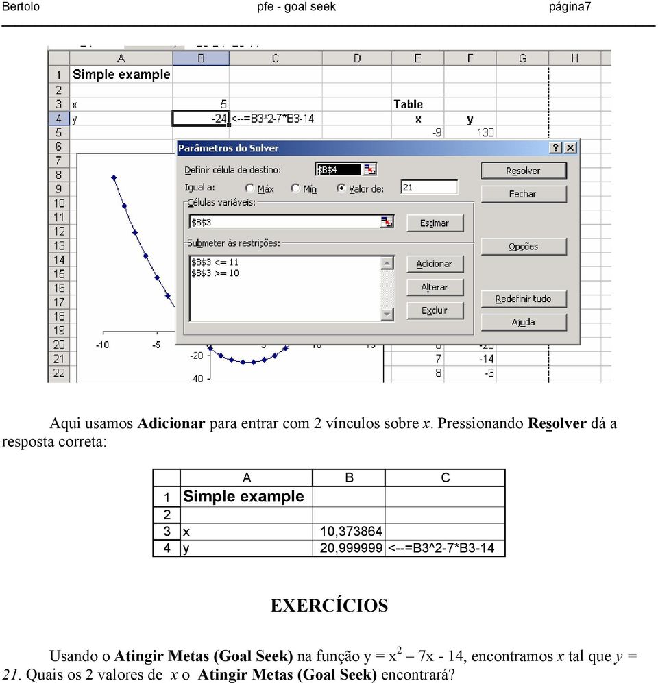 0,999999 <--=B^-7*B- EXERCÍCIOS Usando o Atingir Metas (Goal Seek) na função y = x 7x