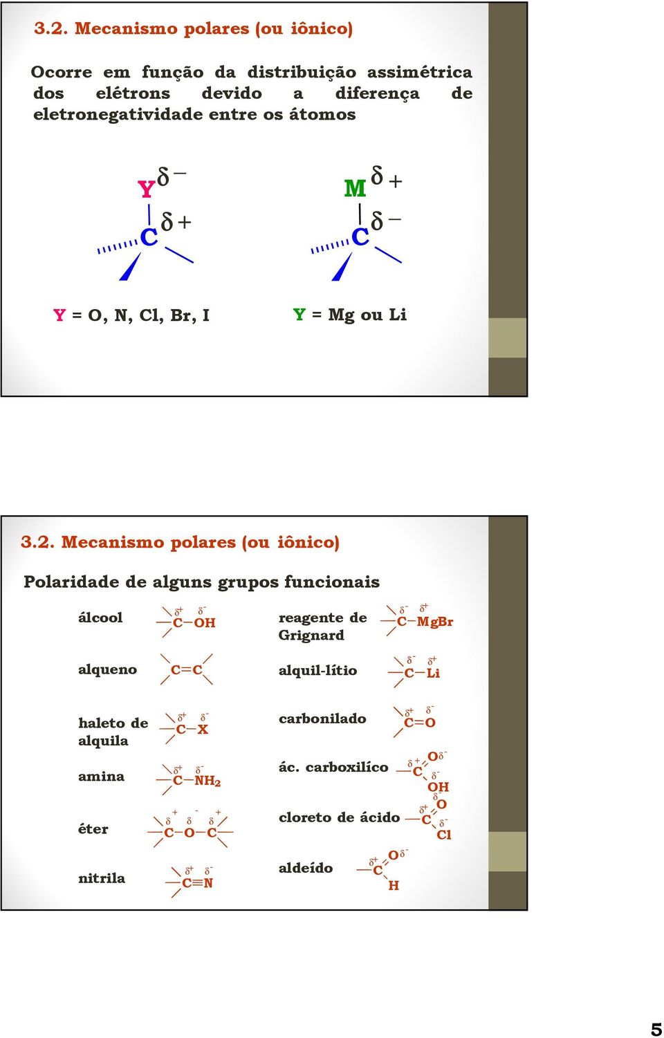Mecanismo polares (ou iônico) Polaridade de alguns grupos funcionais álcool alqueno δ δ- reagente de Grignard alquil-lítio