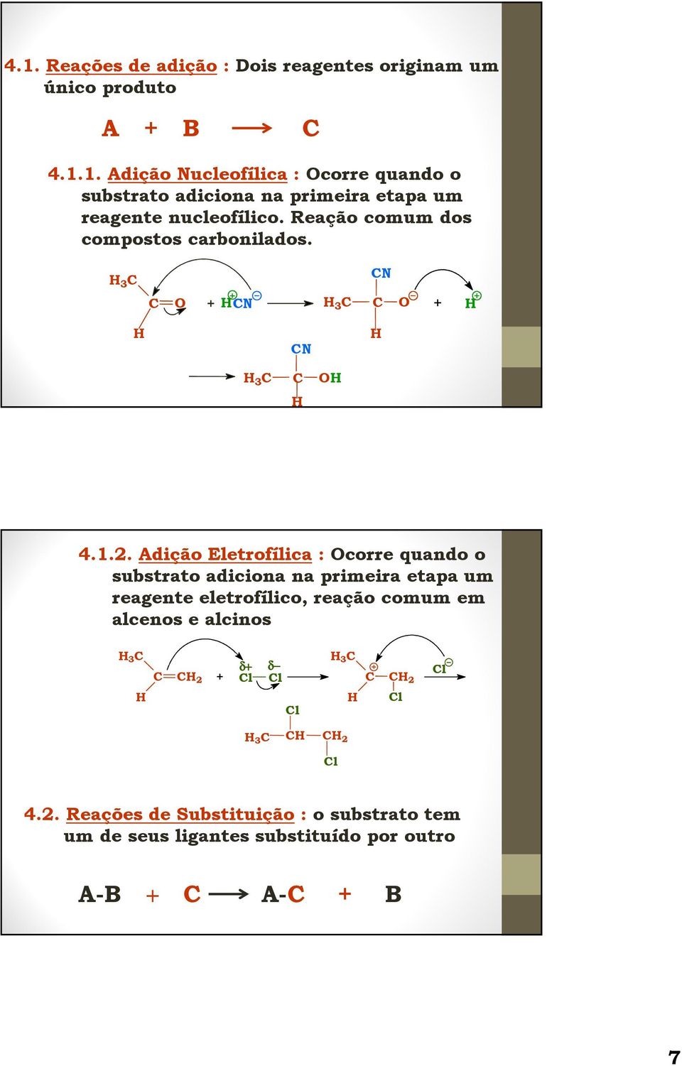 Adição Eletrofílica : corre quando o substrato adiciona na primeira etapa um reagente eletrofílico, reação comum em alcenos
