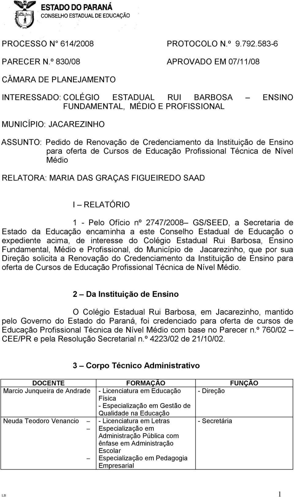 Credenciamento da Instituição de Ensino para oferta de Cursos de Educação Profissional Técnica de Nível Médio RELATORA: MARIA DAS GRAÇAS FIGUEIREDO SAAD I RELATÓRIO 1 - Pelo Ofício nº 2747/2008