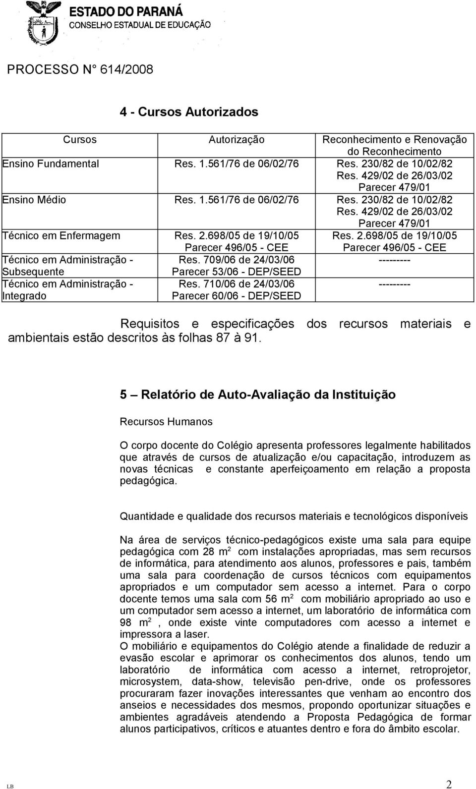 710/06 de 24/03/06 Parecer 60/06 - DEP/SEED Técnico em Administração Subsequente Técnico em Administração Integrado Reconhecimento e Renovação do Reconhecimento Res. 230/82 de 10/02/82 Res.