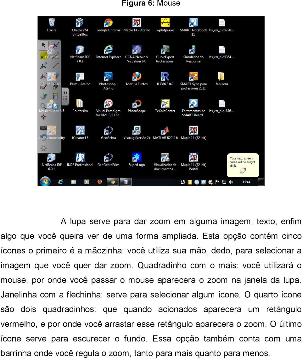 Quadradinho com o mais: você utilizará o mouse, por onde você passar o mouse aparecera o zoom na janela da lupa. Janelinha com a flechinha: serve para selecionar algum ícone.