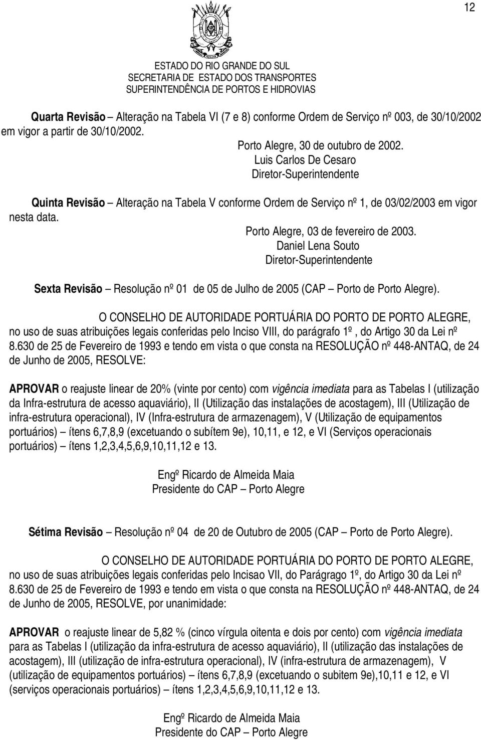 Daniel Lena Souto Diretor-Superintendente Sexta Revisão Resolução nº 01 de 05 de Julho de 2005 (CAP Porto de Porto Alegre).