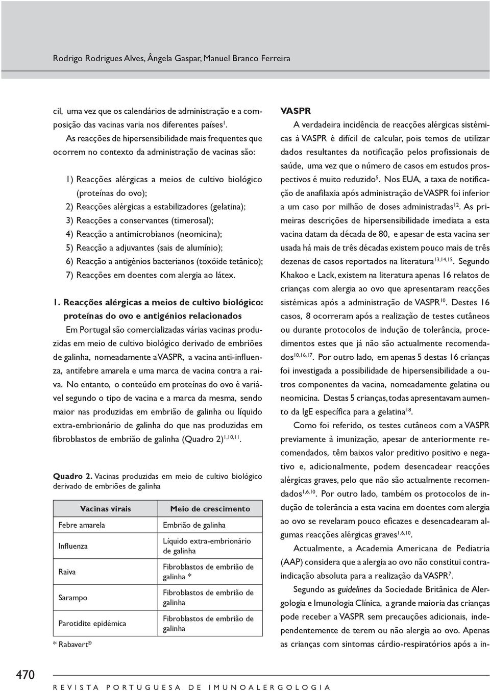 a estabilizadores (gelatina); 3) Reacções a conservantes (timerosal); 4) Reacção a antimicrobianos (neomicina); 5) Reacção a adjuvantes (sais de alumínio); 6) Reacção a antigénios bacterianos