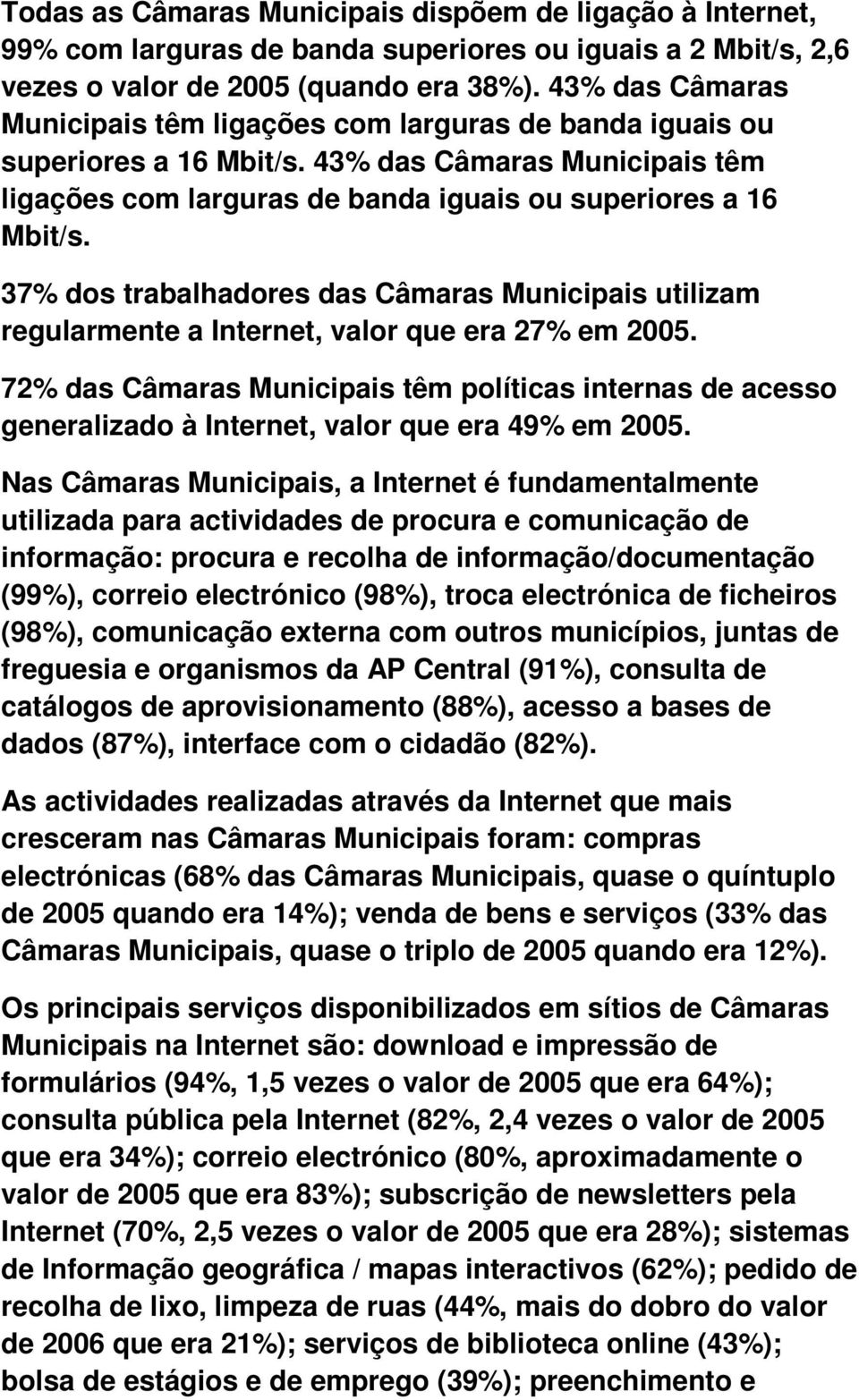 37% dos trabalhadores das Câmaras Municipais utilizam regularmente a Internet, valor que era 27% em 2005.