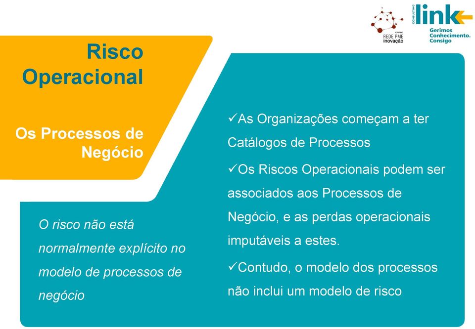 Riscos Operacionais podem ser associados aos Processos de Negócio, e as perdas