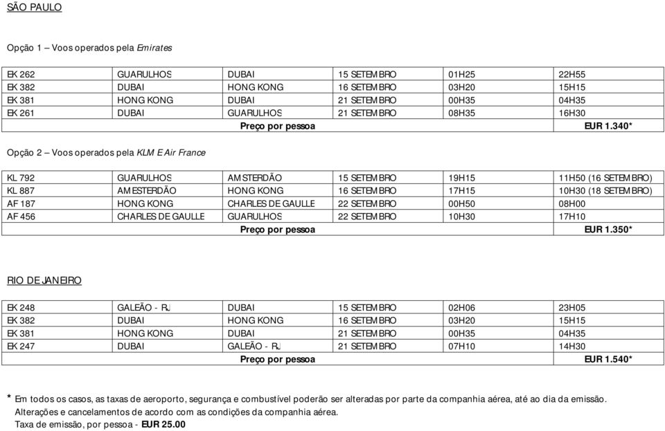 CHARLES DE GAULLE 22 SETEMBRO 00H50 08H00 AF 456 CHARLES DE GAULLE GUARULHOS 22 SETEMBRO 10H30 17H10 Preço por pessoa EUR 1.