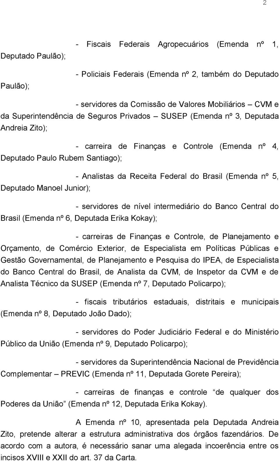Brasil (Emenda nº 5, Deputado Manoel Junior); - servidores de nível intermediário do Banco Central do Brasil (Emenda nº 6, Deputada Erika Kokay); - carreiras de Finanças e Controle, de Planejamento e