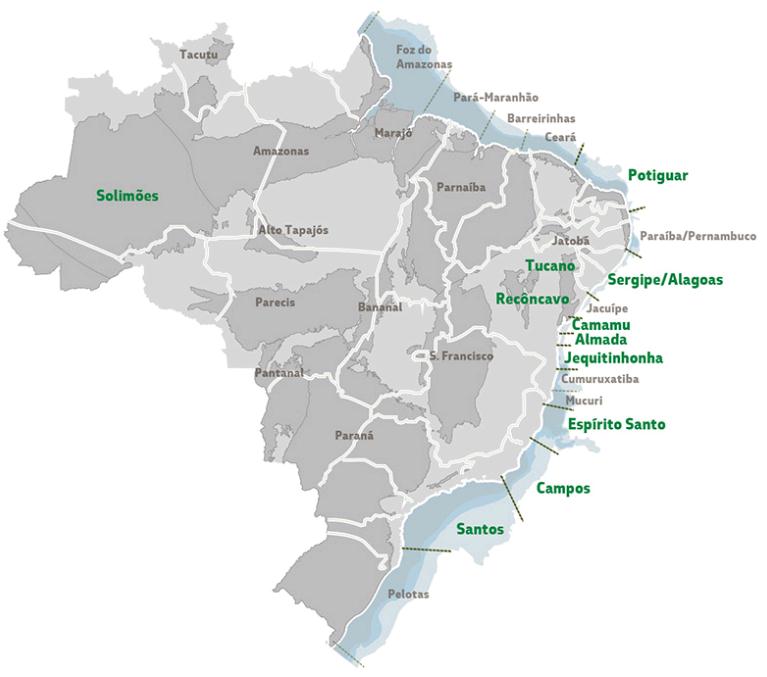 Figura 1. Bacias produtoras marítimas e terrestres do Brasil.