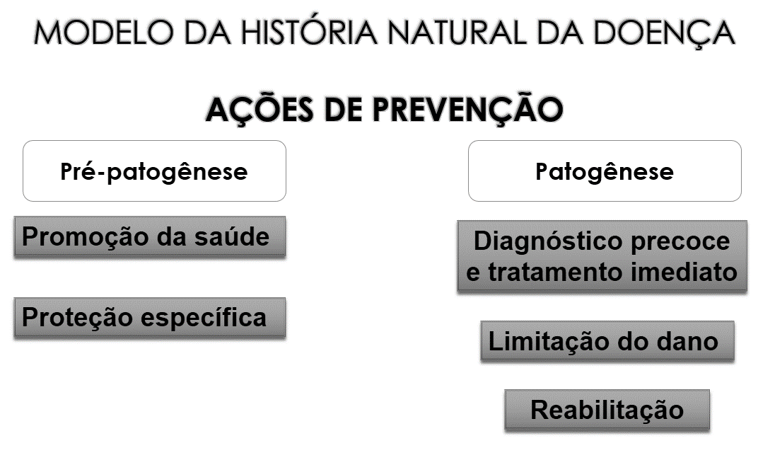 Propões 3 níveis de ação ou intervenção: PREVENÇÃO PRIMÁRIA: através da promoção à saúde e da prevenção específica em relação a um agravo determinado a ser desencadeado ainda na fase pré-patogênica