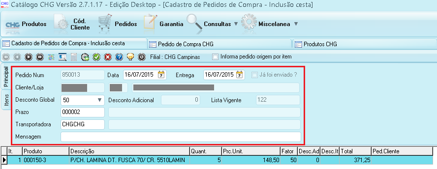 A primeira informação é referente à Identificação do Cliente Aparecerá o Código de Cliente, seguido pela Loja e a Razão Social Para cada versão do catálogo haverão opções diferentes Caso seja