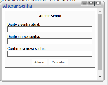 Alterar senha : Clicando neste item ou em atualizar cadastro e logo após clicar no botão Alterar senha, como mostra a figura 6. Assim surgirá a janela da figura.