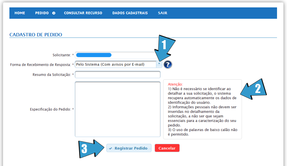 1.Primeiramente você deverá informar como deseja receber a resposta do seu Pedido, tendo como opção receber a resposta pelo Sistema, ou então receber a Resposta Pessoalmente no órgão.