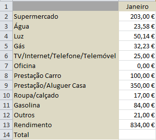 Escolher a categoria Moeda e manter as duas casas decimais. De seguida introduz os valores para o mês de janeiro. Como é possível verificar o Total ficou por preencher.