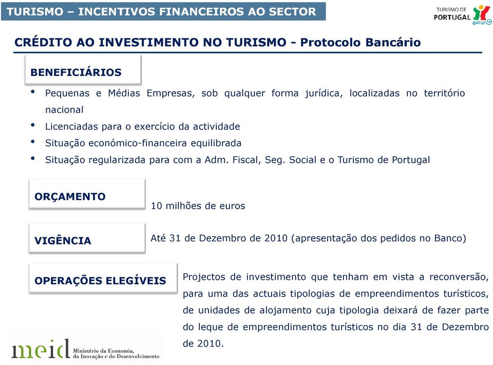 Social e o Turismo de Portugal ORÇAMENTO 10 milhões de euros VIGÊNCIA Até 31 de Dezembro de 2010 (apresentação dos pedidos no Banco) OPERAÇÕES ELEGÍVEIS Projectos de investimento que