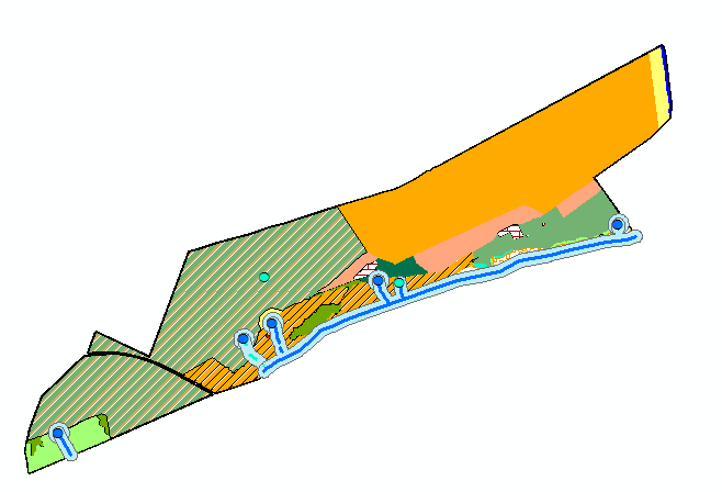 Clicar Close Faça os mesmos procedimentos para o arquivo Rio Perene < 10 metros, nomeando-o rio_per_buffer. No final seu mapa deverá ficar como na figura abaixo (com todos os buffers gerados): 4.