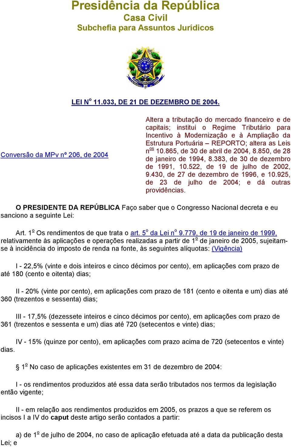 altera as Leis n os 10.865, de 30 de abril de 2004, 8.850, de 28 de janeiro de 1994, 8.383, de 30 de dezembro de 1991, 10.522, de 19 de julho de 2002, 9.430, de 27 de dezembro de 1996, e 10.