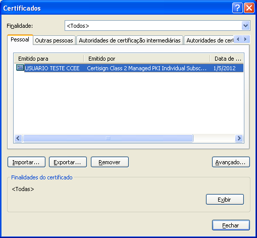 A janela a seguir irá mostrar o(s) certificado(s) instalado(s) no seu Internet Explorer.