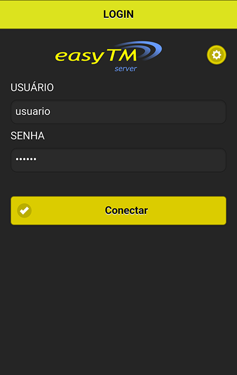 Tela de login do aplicativo: Uma vez configurado o servidor, na tela de login você deverá digitar o seu usuário e a sua senha para acessar o aplicativo e iniciar o rastreamento.