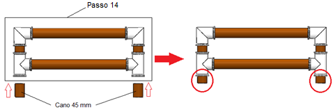 - Passo 12: Junte um cano (F) de 352 mm com duas conexões Joelho 32, como mostrado na figura 14; - Passo 14: Faça a união dos conjuntos montados nos passos 12 e 13 utilizando um cano (G) de 65 mm,