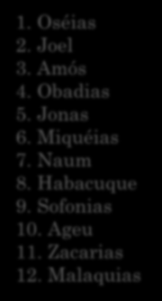 LEI HISTORICOS POÉTICOS PROFETAS MAIORES PROFETAS MENORES 1. Gênesis 2. Êxodo 3. Levítico 4. Números 5. Deut. 1. Josué 2. Juízes 3. Rute 4. I Sam 5. II Sam 6. I Reis 7. II Reis 8. I Cron. 9. II Cron.