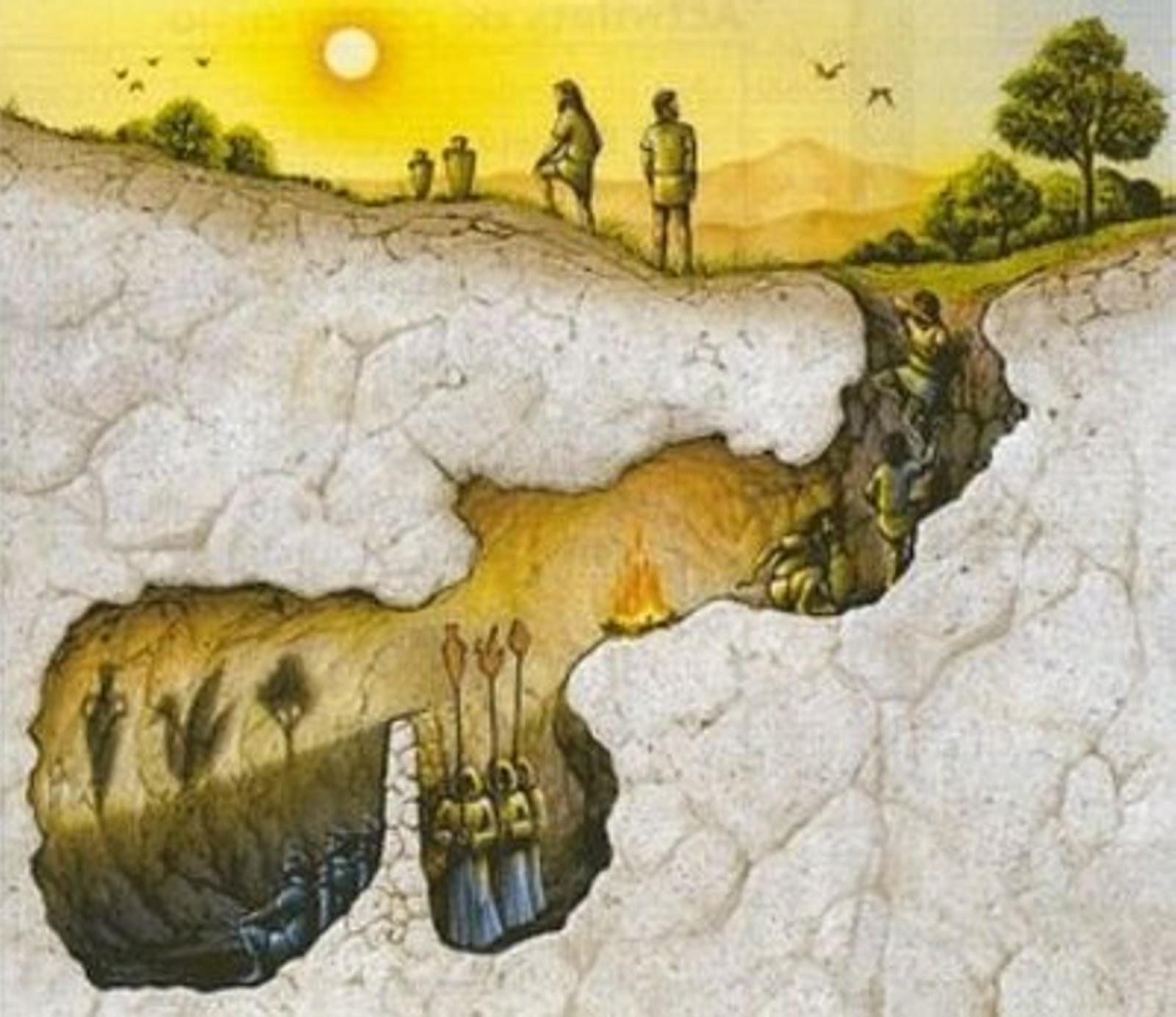 Comparação: Teoria das ideias e o Mito da Caverna Caverna = Mundo exterior = Os prisioneiros = As sombras = As correntes = O instrumento que quebra as correntes = O prisioneiro que se liberta = O