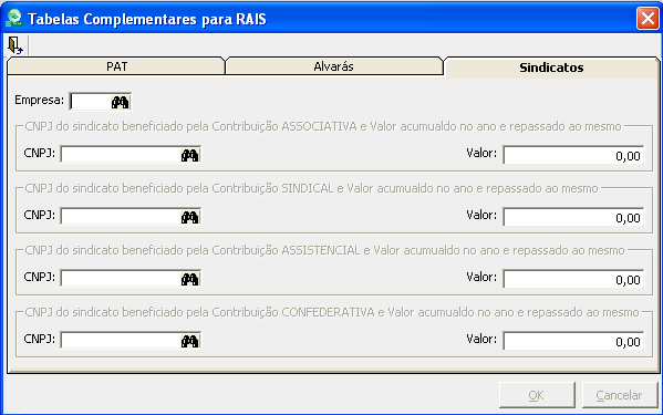 A tela de sindicados serve para informar as contribuições sindicais referentes à parte patronal.