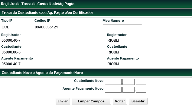 Tela Exemplo de Registro de Troca de Custodiante/Ag.