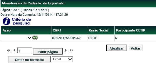 Menu Títulos e Valores Mobiliários > Instrumento Financeiro > Cadastro de Exportador > Manutenção de Exportador Manutenção de Exportador Nesta função, o Registrador pode alterar ou consultar os dados