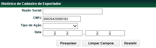 Menu Títulos e Valores Mobiliários > Instrumento Financeiro > Cadastro de Exportador > Histórico de Exportador Histórico de Exportador Esta função apresenta o histórico das ações efetuadas pelo