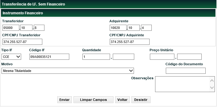 Tela Transferência de I.F. Sem Financeiro - Solicitação. dos Campos da Tela Transferência de I.F. Sem Financeiro Solicitação.