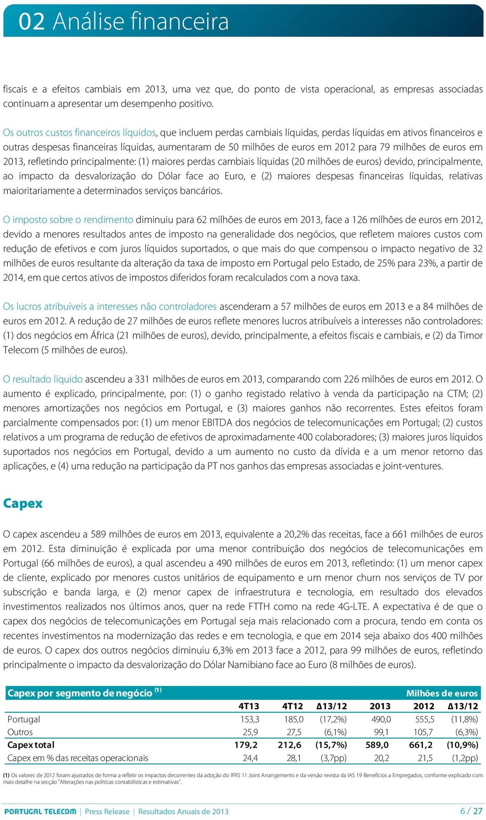 para 79 milhões de euros em 2013, refletindo principalmente: (1) maiores perdas cambiais líquidas (20 milhões de euros) devido, principalmente, ao impacto da desvalorização do Dólar face ao Euro, e