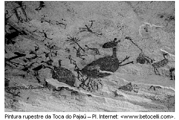 EXERCÍCIO (EMP007) Pintura Rupestre brasileira (Enem 2007): A pintura rupestre mostrada na figura anterior, que é um patrimônio cultural brasileiro, expressa: a) o conflito entre os povos indígenas e