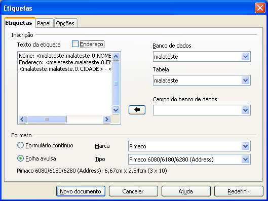 Na mesma janela, mais em baixo, você deve também dizer para o Writer qual é o formato da sua folha de etiquetas.