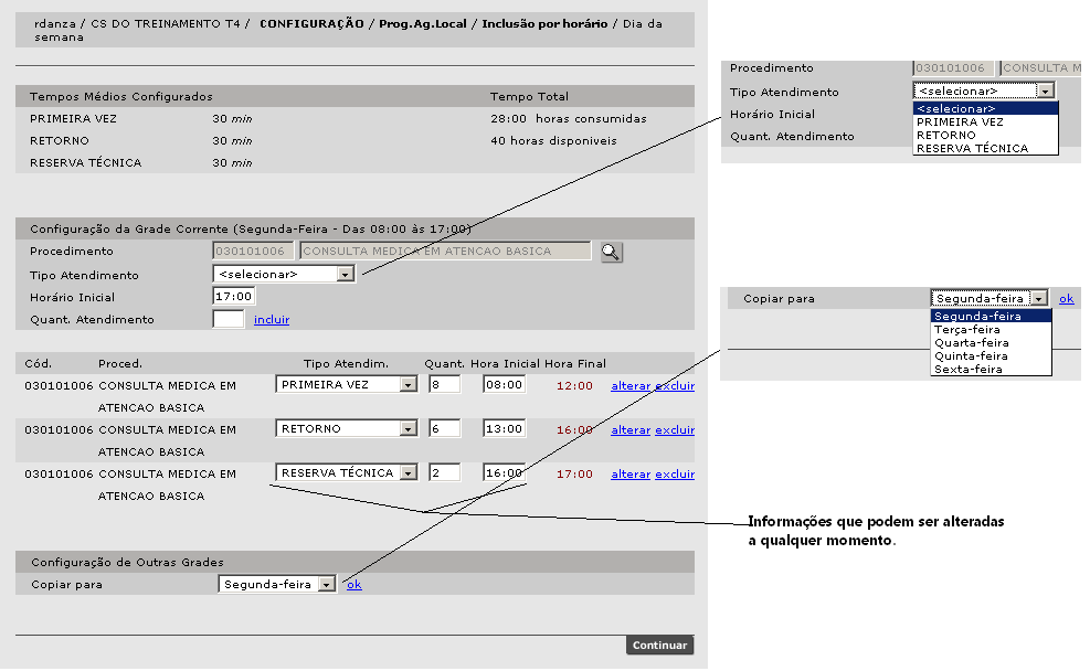 Ao voltar para a tela gerar grade de horários, serão exibidas as informações sobre as escalas de todos os dias configurados com as cores referentes