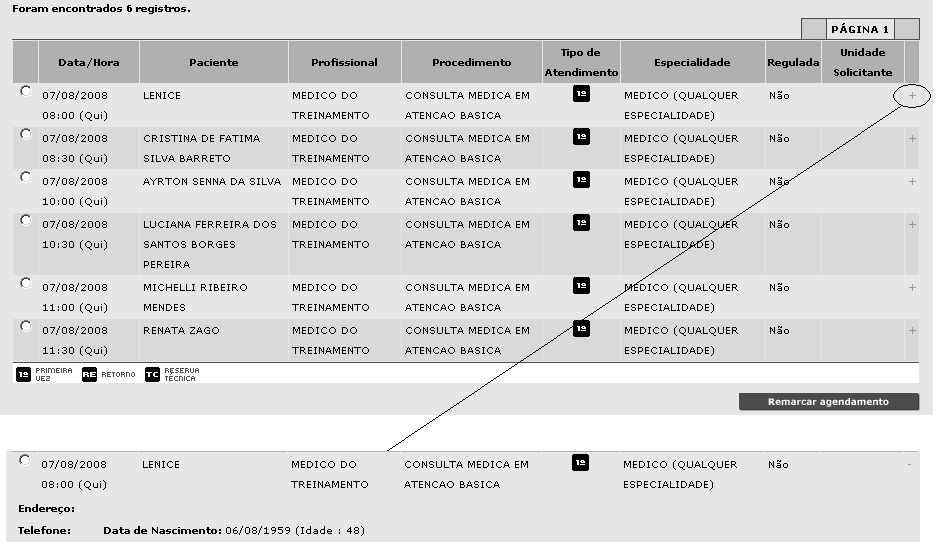 Se clicarmos no sinal + à direita da linha com os dados do agendamento, serão exibidas informações de contato do paciente conforme demonstrado