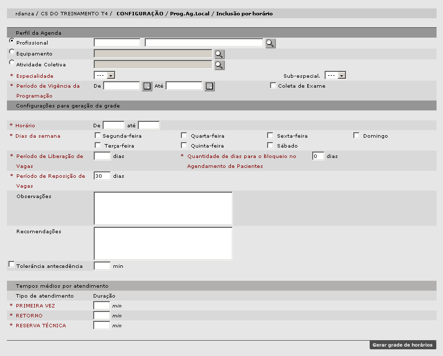 Período de Vigência é o período da validade da agenda que deverá começar com uma data igual maior que a data do dia da criação.