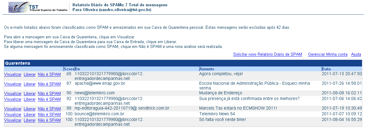 1. Apresentação Senhores usuários, a SETIN vem trabalhando nos ajustes e na preparação de um novo sistema antispam para o TST.