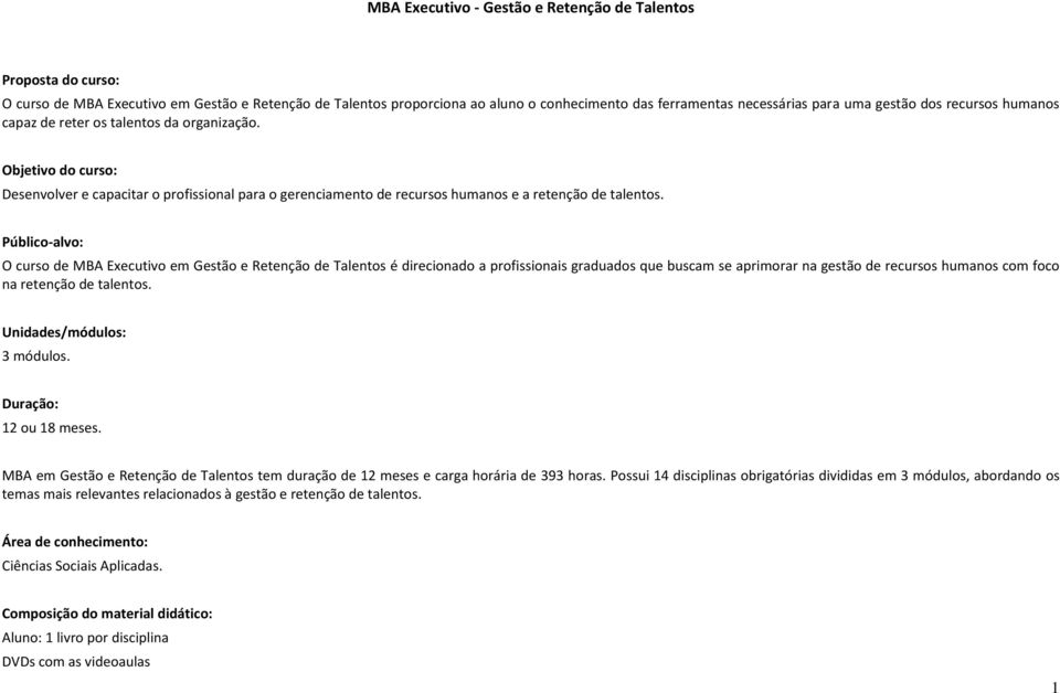 Público-alvo: O curso de MBA Executivo em Gestão e Retenção de Talentos é direcionado a profissionais graduados que buscam se aprimorar na gestão de recursos humanos com foco na retenção de talentos.