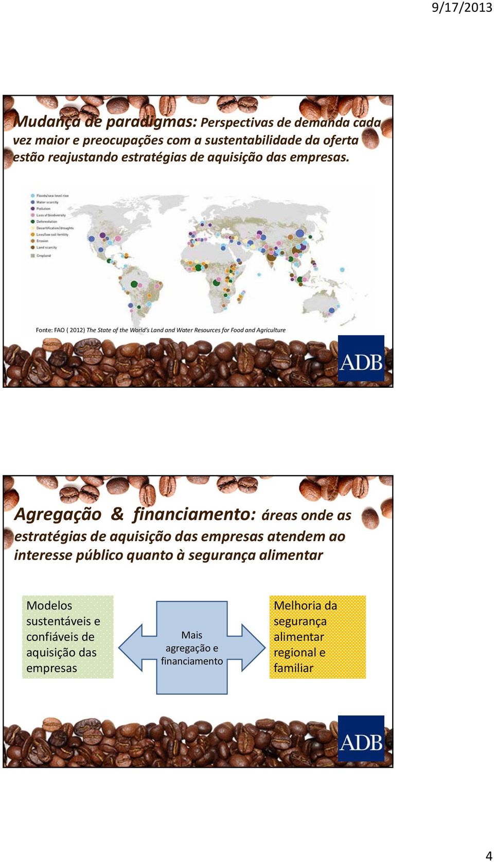 Fonte: FAO ( 2012) The State of the World s Land and Water Resources for Food and Agriculture Agregação & financiamento: áreas onde as