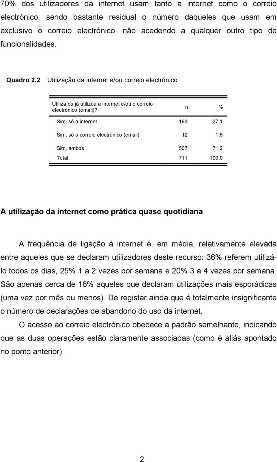 n % Sim, só a internet 193 27,1 Sim, só o correio electrónico (email) 12 1,6 Sim, ambos 507 71,2 Total 711 100,0 A utilização da internet como prática quase quotidiana A frequência de ligação à