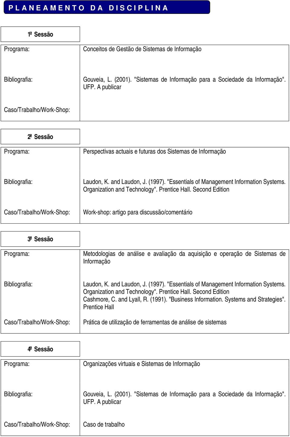 Prentice Hall. Second Edition Work-shop: artigo para discussão/comentário 3ª Sessão Metodologias de análise e avaliação da aquisição e operação de Sistemas de Informação Laudon, K. and Laudon, J.