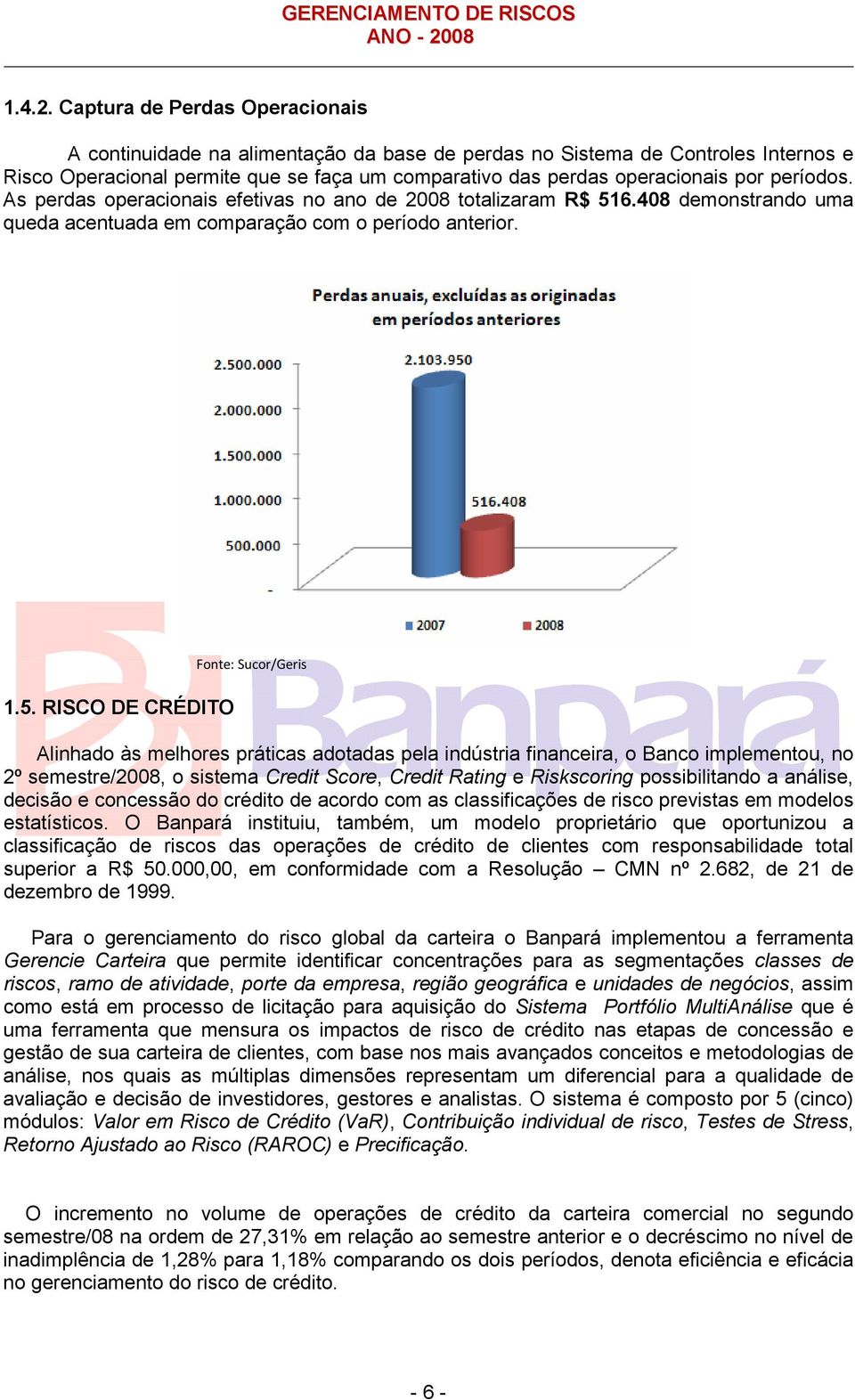 períodos. As perdas operacionais efetivas no ano de 2008 totalizaram R$ 51