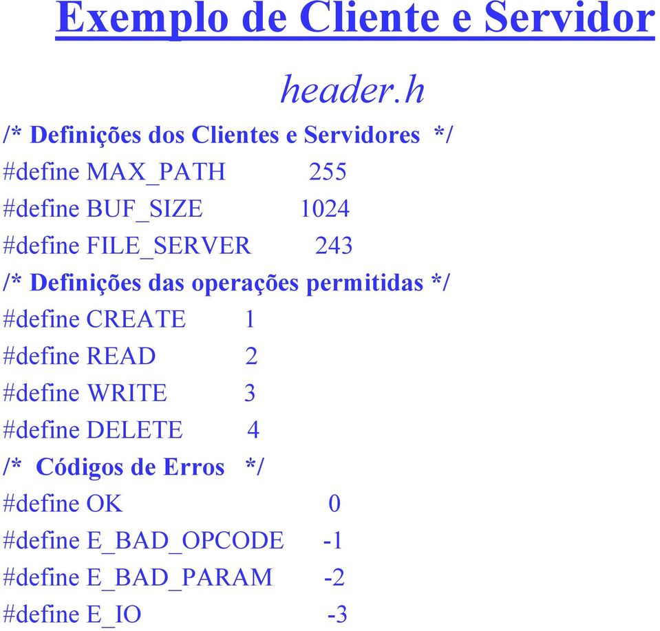 #define FILE_SERVER 243 /* Definições das operações permitidas */ #define CREATE 1