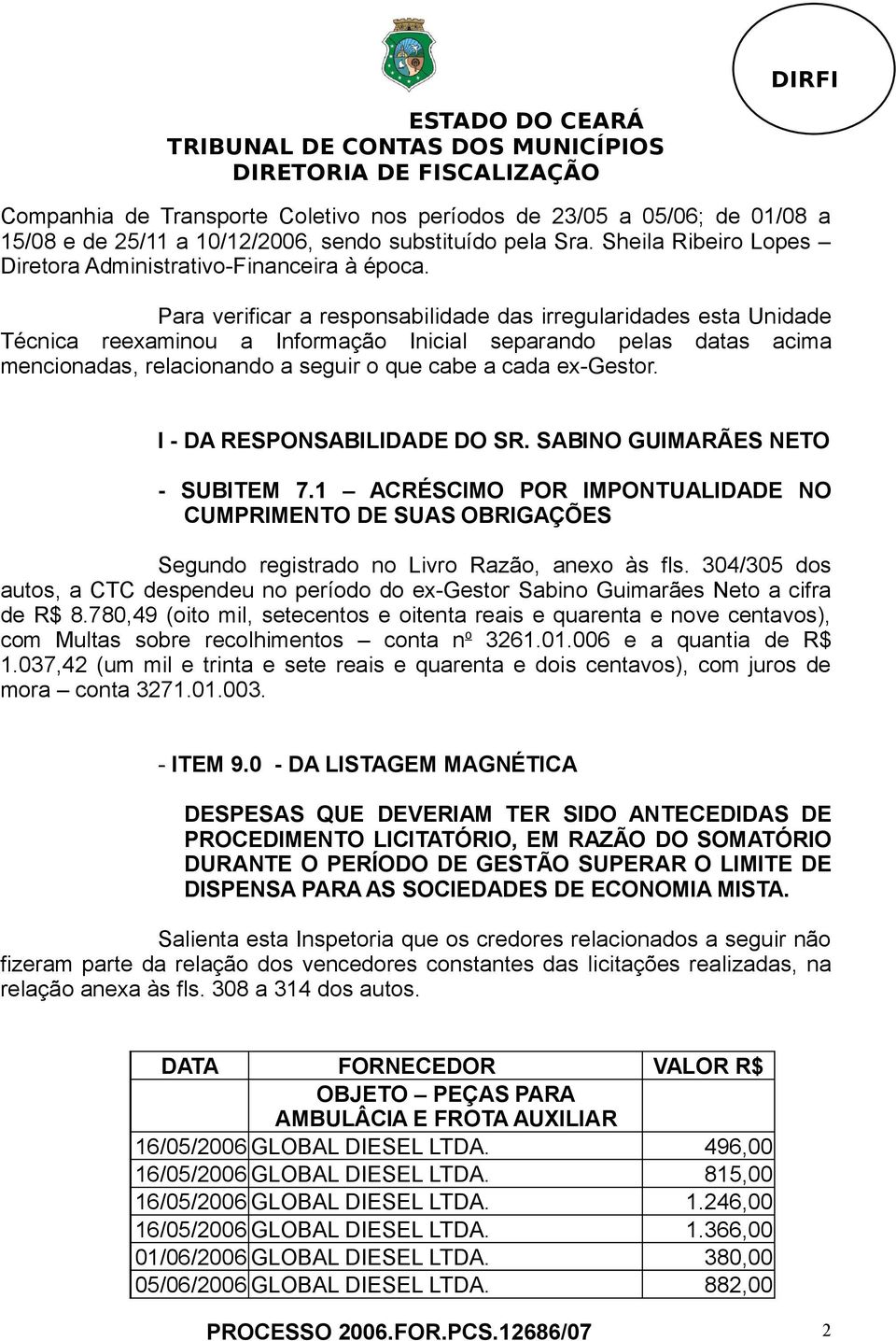 I - DA RESPONSABILIDADE DO SR. SABINO GUIMARÃES NETO - SUBITEM 7.1 ACRÉSCIMO POR IMPONTUALIDADE NO CUMPRIMENTO DE SUAS OBRIGAÇÕES Segundo registrado no Livro Razão, anexo às fls.